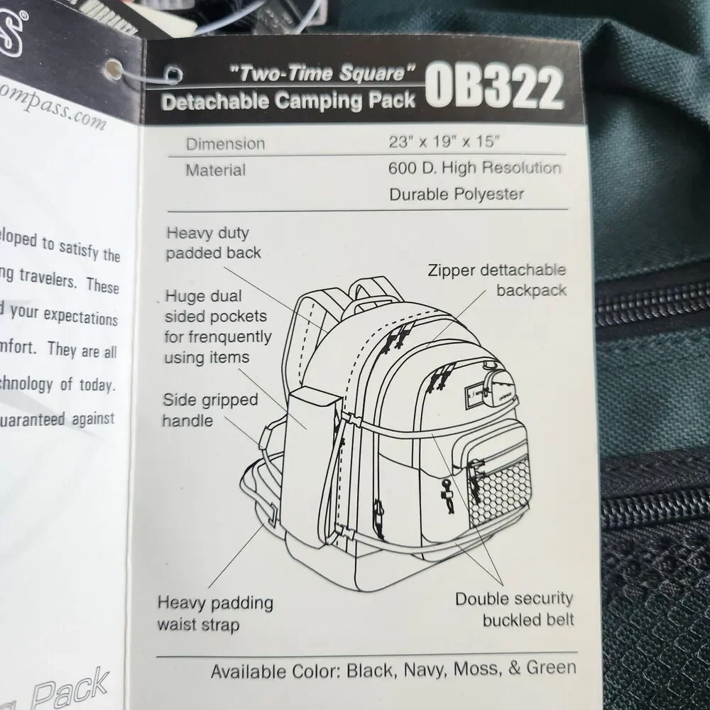 Compass 2 in 1 Outdoor Products Backpack Green Hiking Polyester Bag NWT New